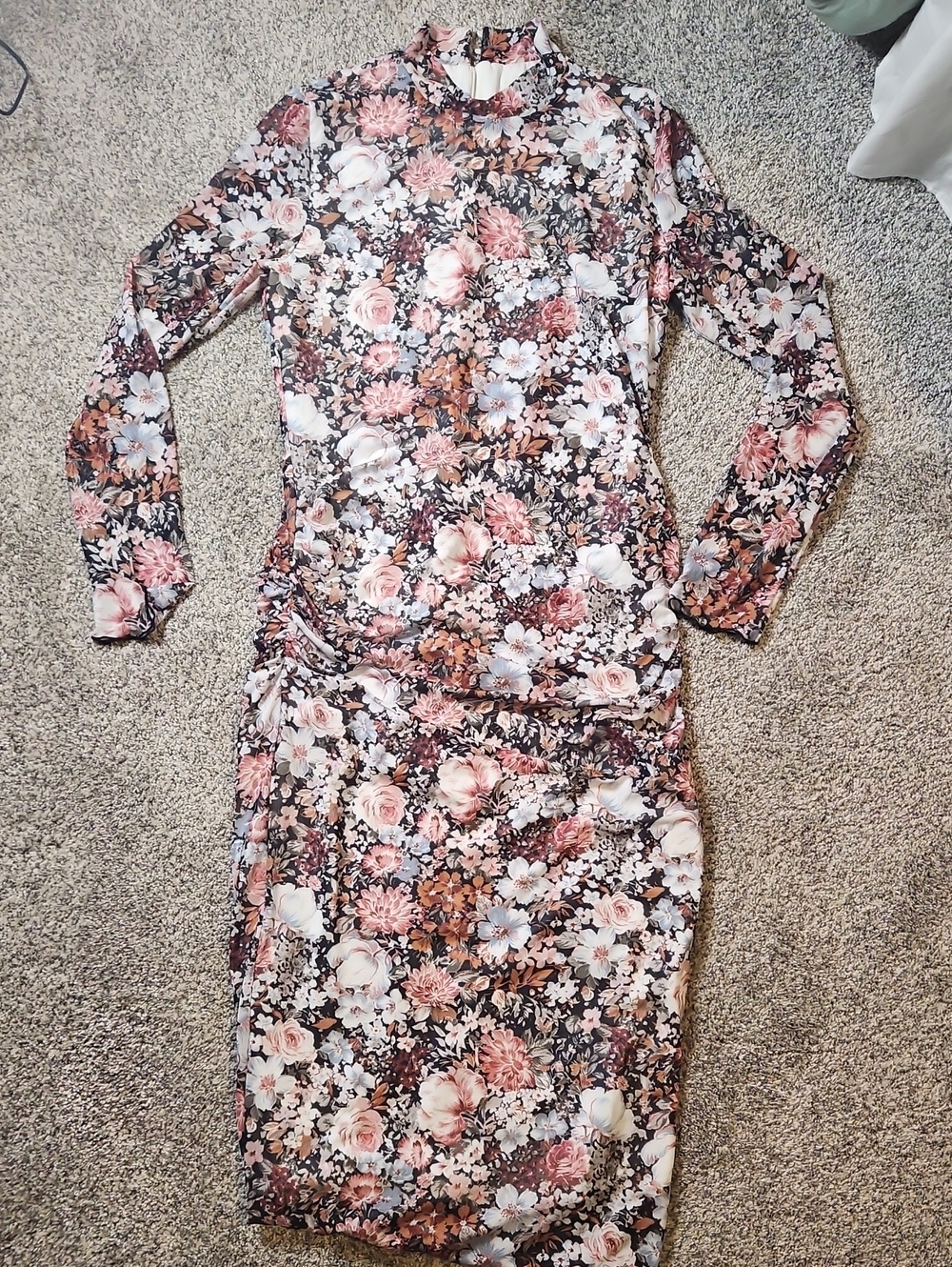 Floral Long-Sleeve Bodycon Dress in Blush and Brown